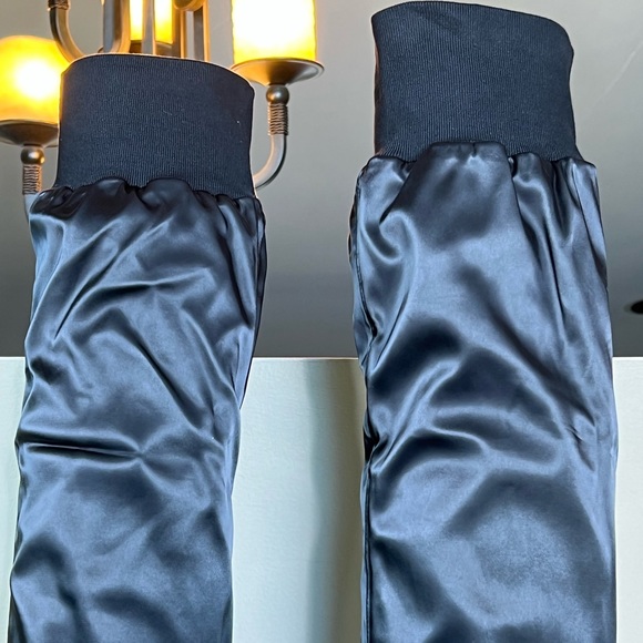 Black Satin Rhinestone Embellished Over the Knee Boots - Picture 4 of 12